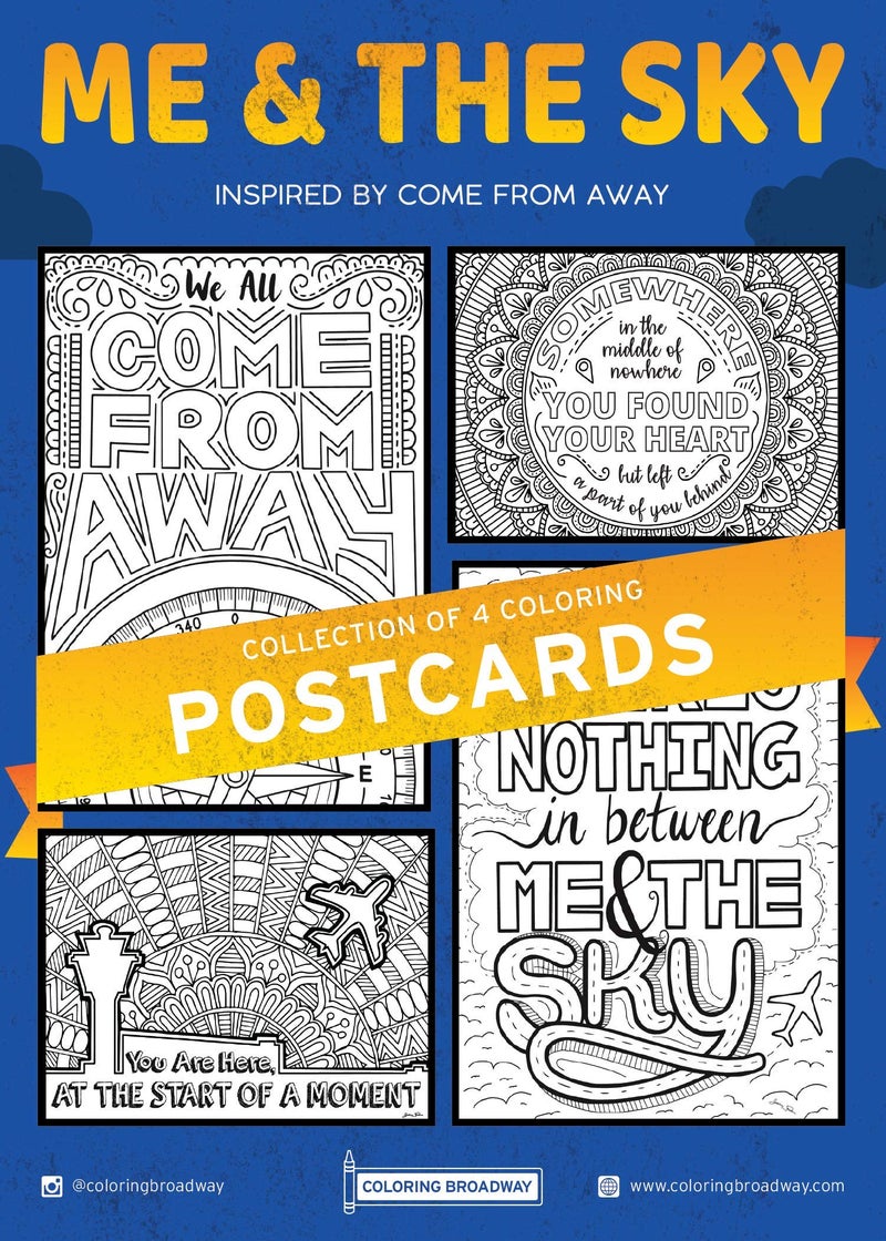 Coloring Broadway - COME FROM AWAY inspired Coloring Postcards (Set of 4) â€œMe & The Skyâ€ Collection, Broadway Musical Merchandise, Ideal Gift for a Broadway Theater Lover - Image 1